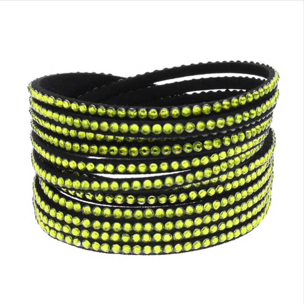 Multilayer Green Stud Black Leather Wrap Bracelet